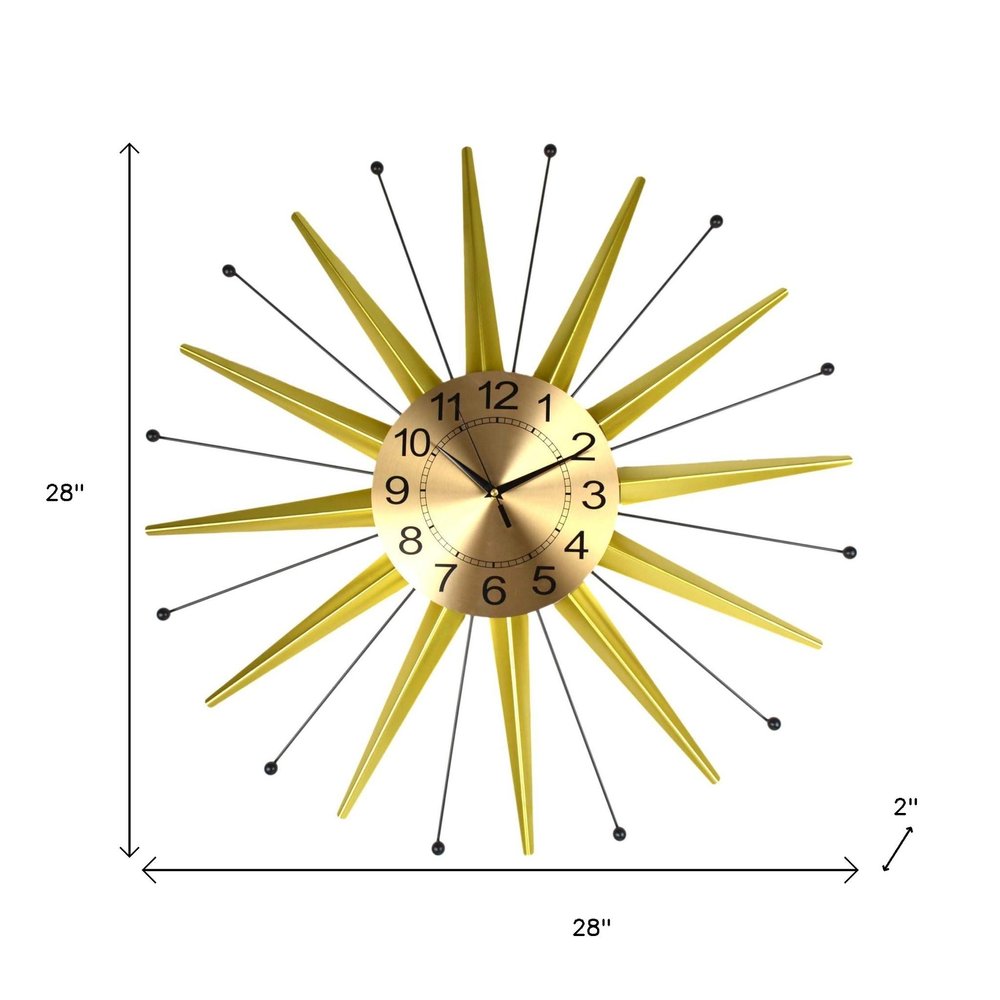 28" Gold And Black Metal Silent Analog Starburst Wall Clock
