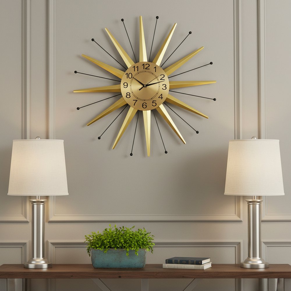 28" Gold And Black Metal Silent Analog Starburst Wall Clock