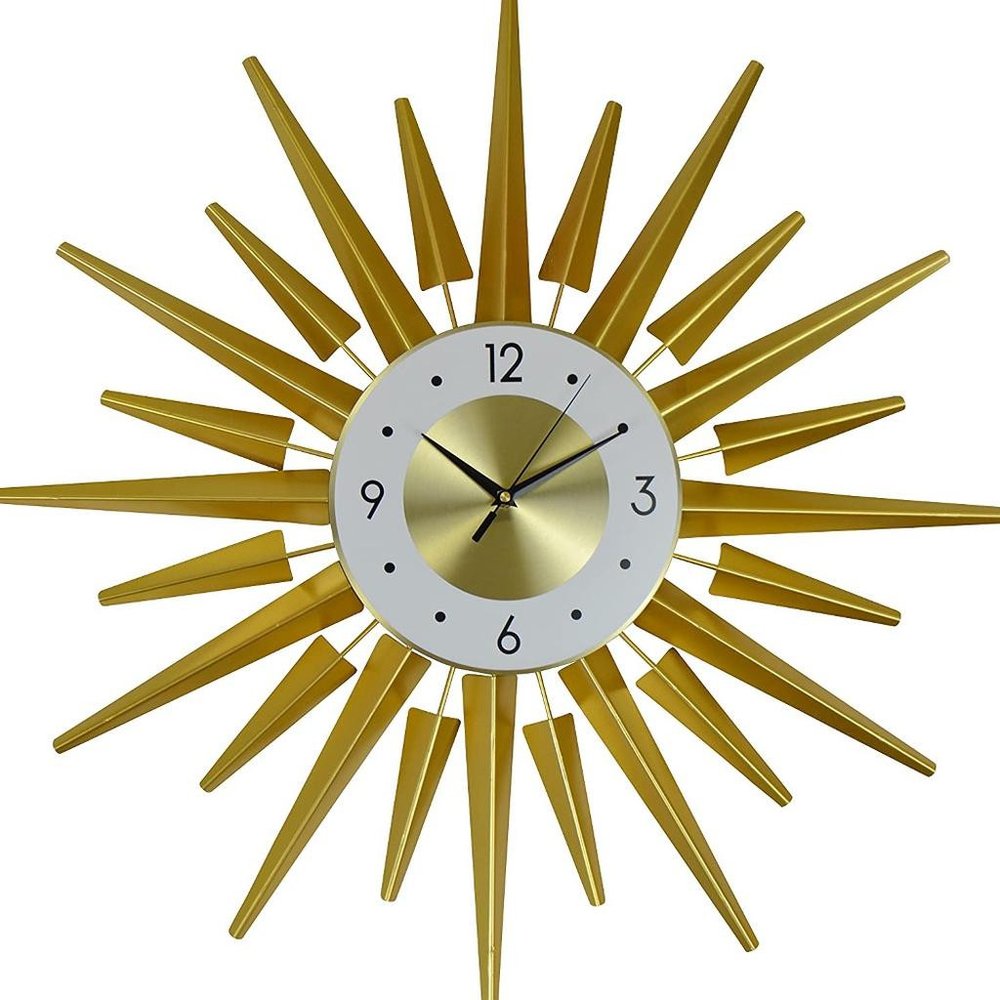 27" Gold And White Metal Silent Analog Sunburst Wall Clock
