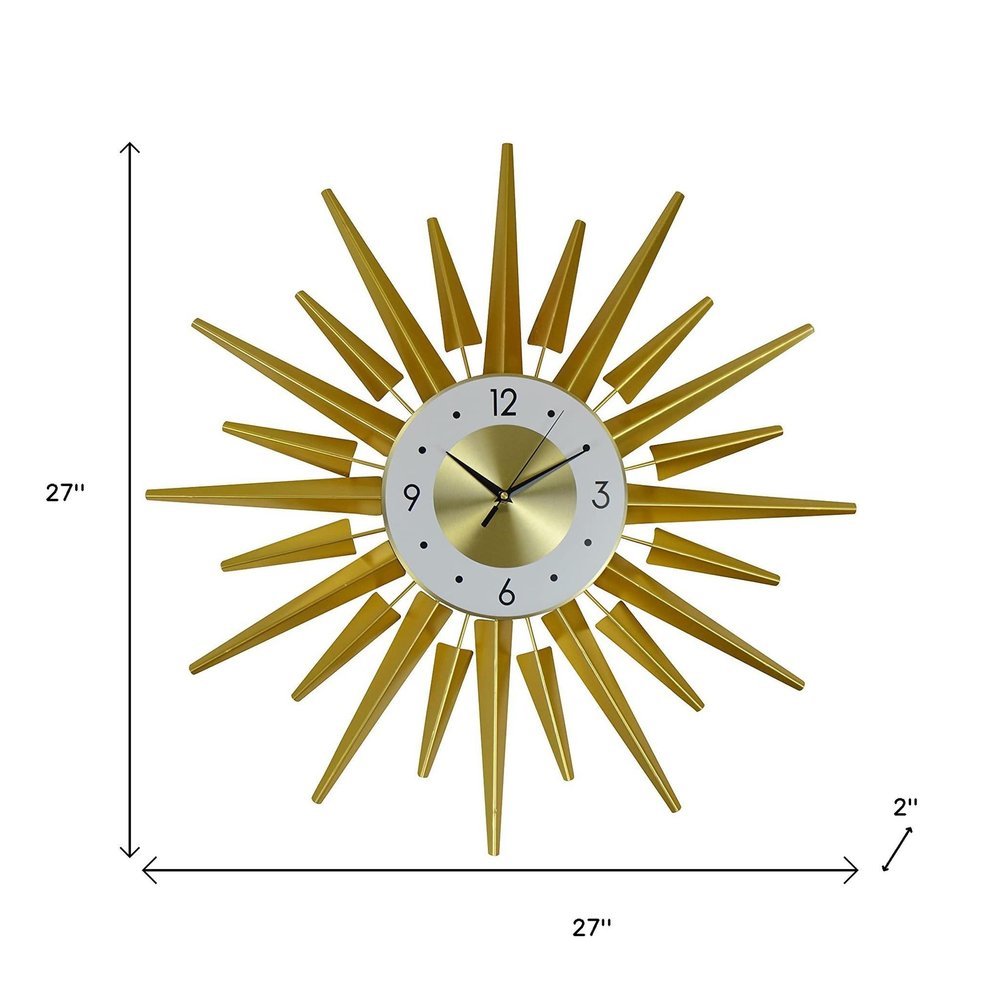 27" Gold And White Metal Silent Analog Sunburst Wall Clock