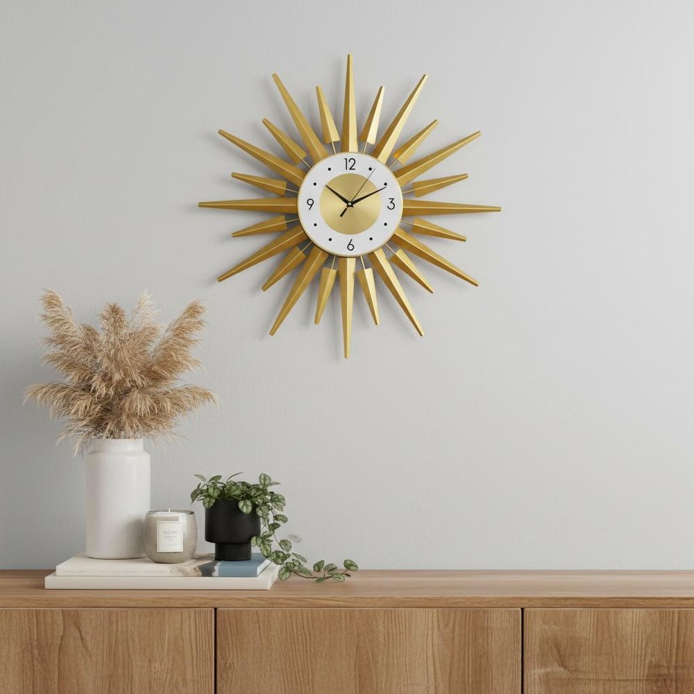 27" Gold And White Metal Silent Analog Sunburst Wall Clock