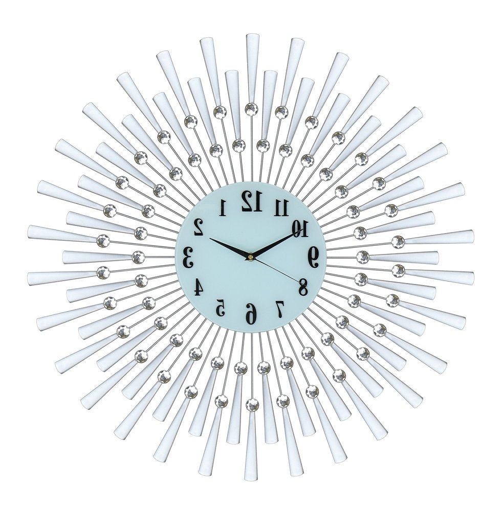 28" Silver And White Metal Silent Analog Sunburst Wall Clock