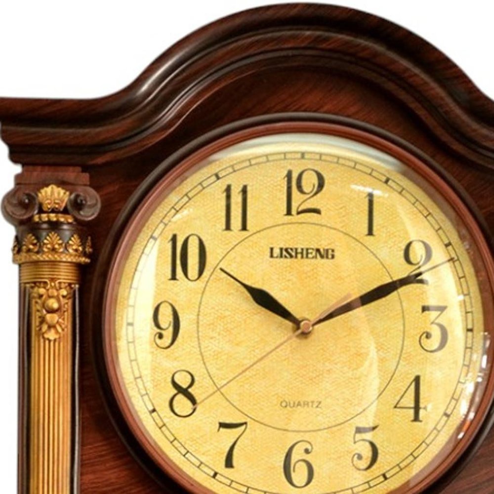 15" Brown And Gold Resin Silent Analog Ornate Wall Clock