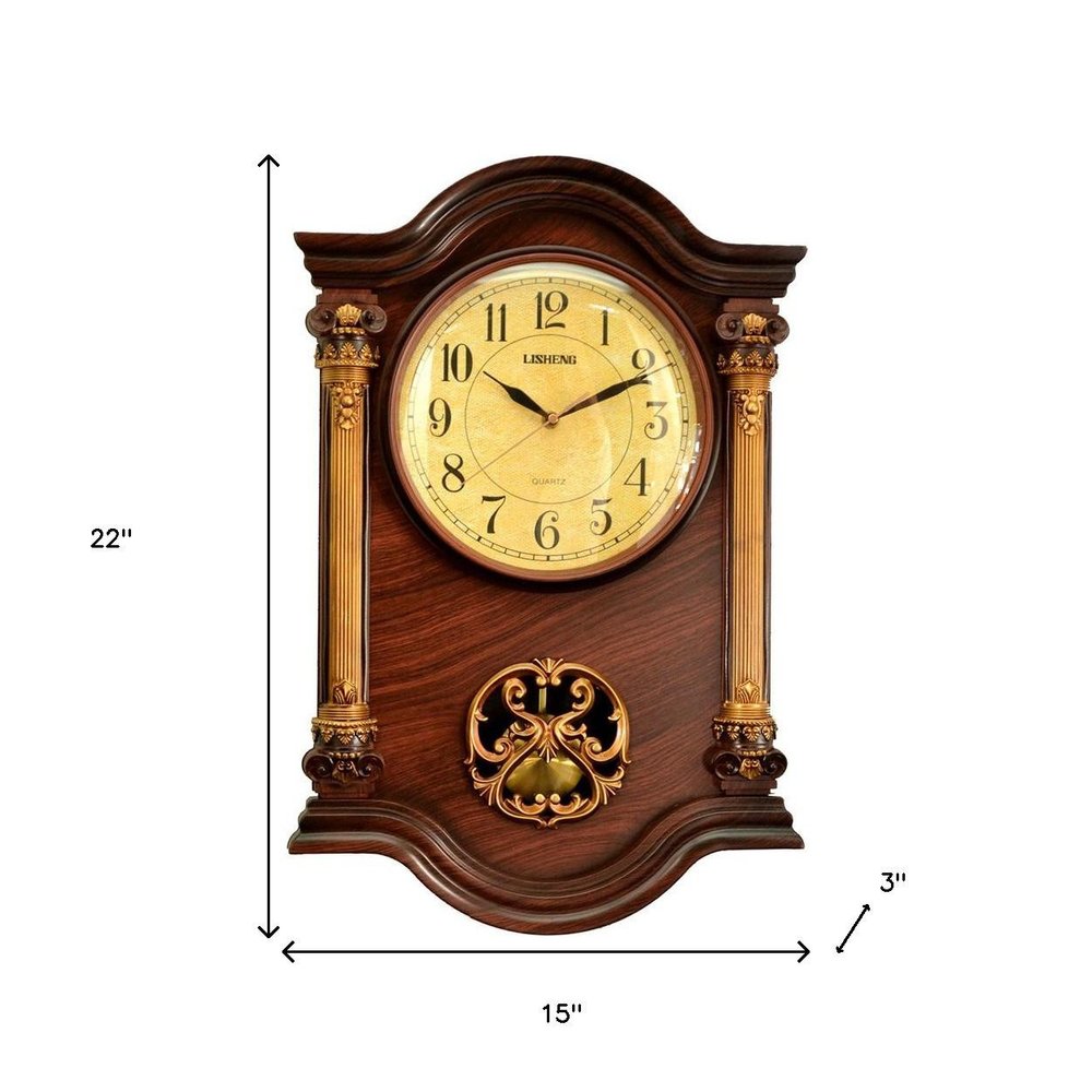 15" Brown And Gold Resin Silent Analog Ornate Wall Clock