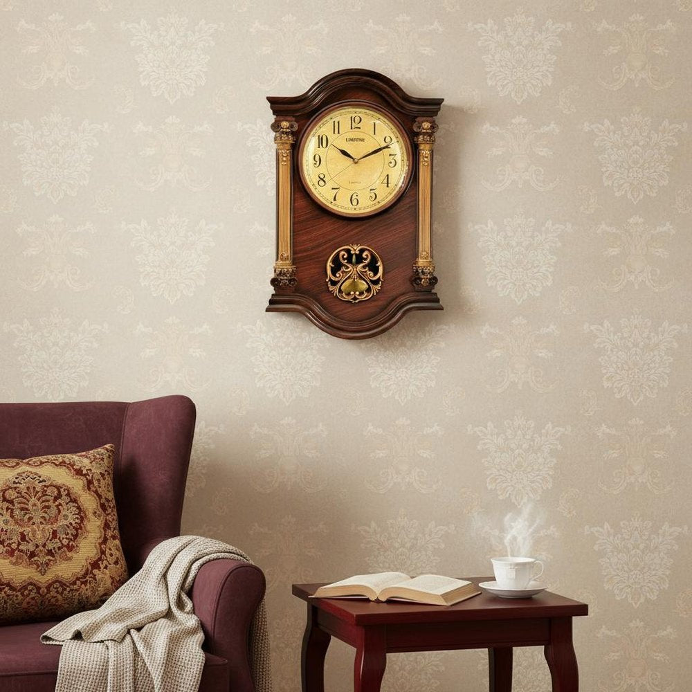 15" Brown And Gold Resin Silent Analog Ornate Wall Clock