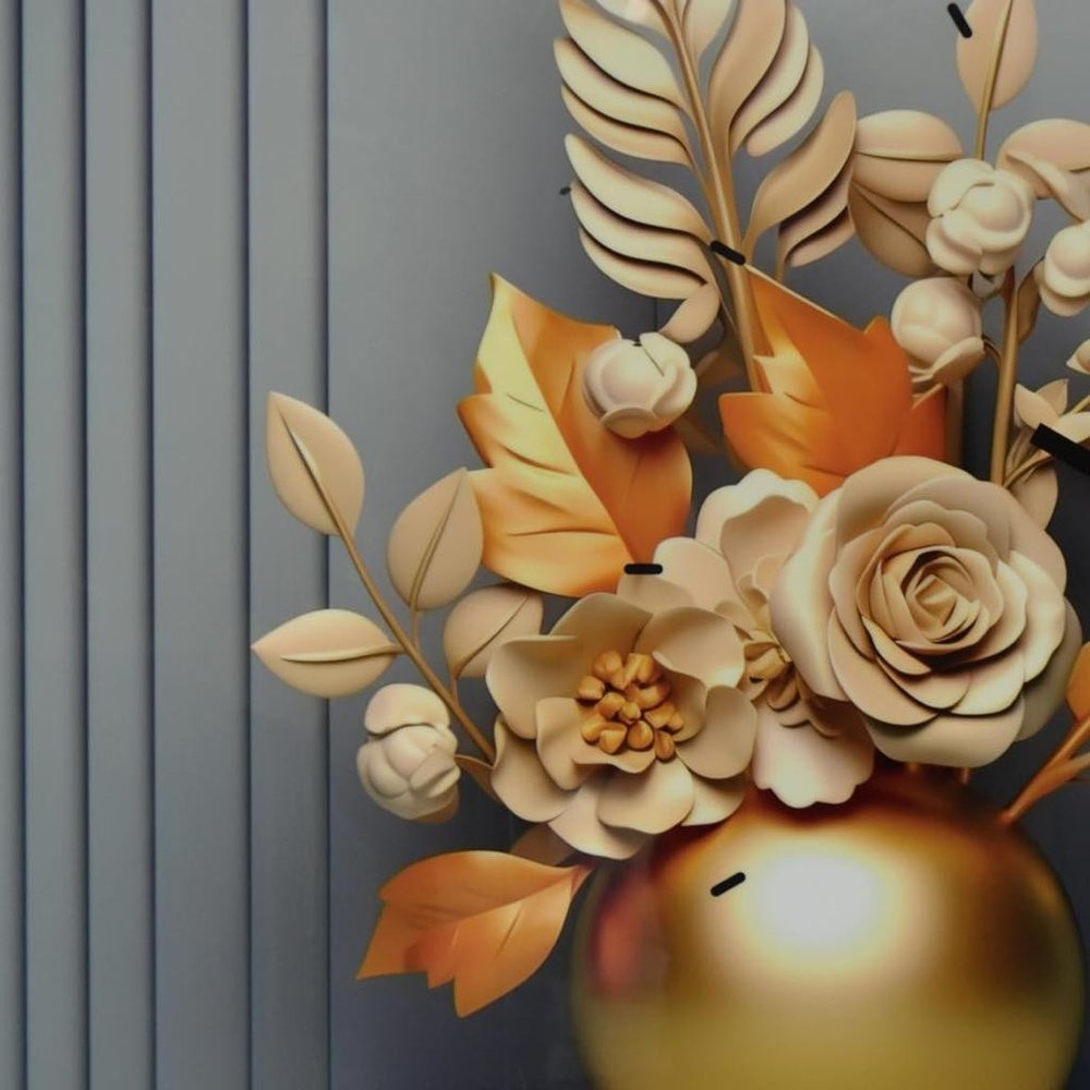 24" Beige Gold And Gray Solid Wood and Acrylic Silent Analog Floral Wall Clock