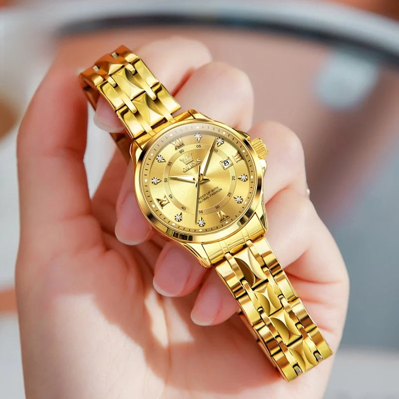 Women's Gold Stainless Steel Small Round Watch Date