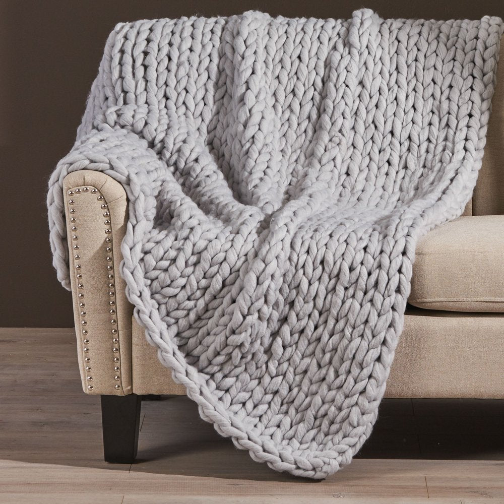 50" X 60" Light Gray Wool Acrylic Blend Knitted Plush Throw Blanket