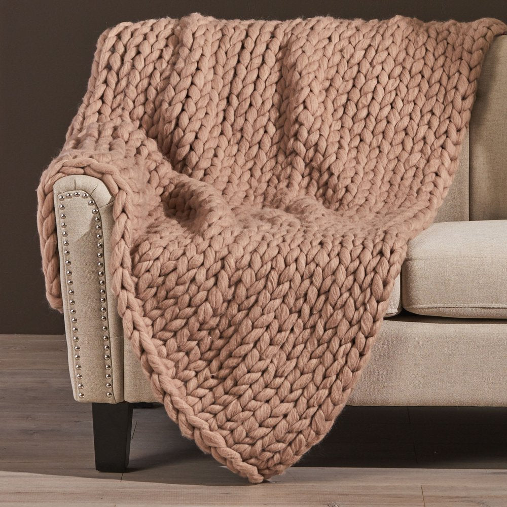50" X 60" Brown Wool Acrylic Blend Knitted Plush Throw Blanket