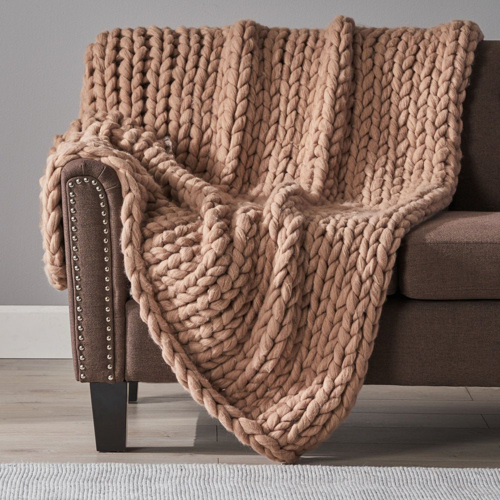 50" X 60" Brown Wool Acrylic Blend Knitted Plush Throw Blanket