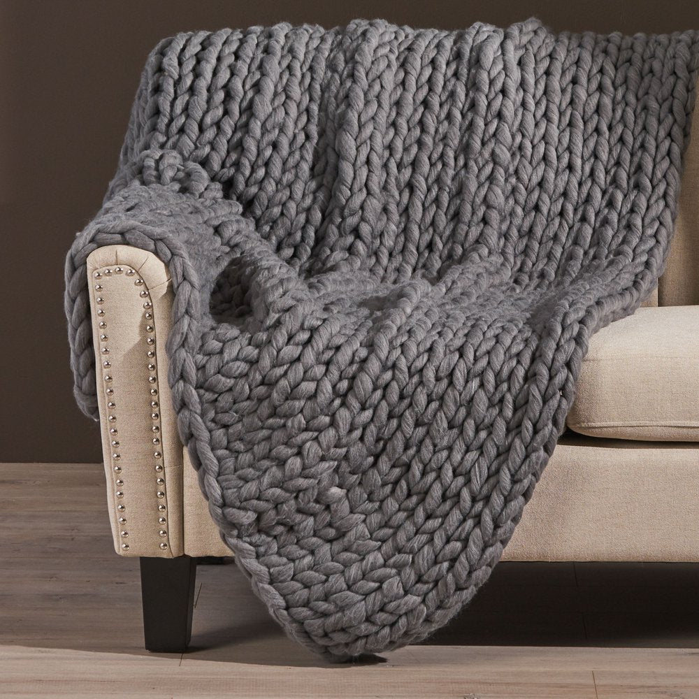 50" X 60" Dark Gray Wool Acrylic Blend Knitted Plush Throw Blanket