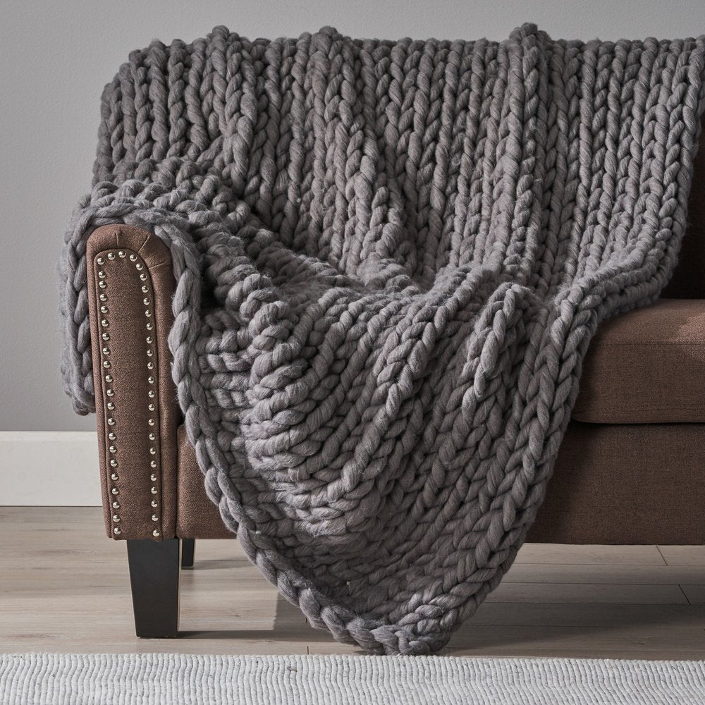 50" X 60" Dark Gray Wool Acrylic Blend Knitted Plush Throw Blanket