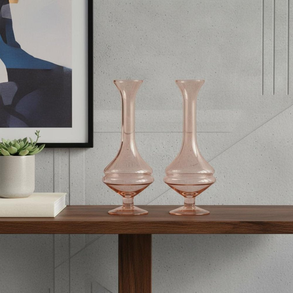 Set of Two Pink Glass Trumpet Table Vases