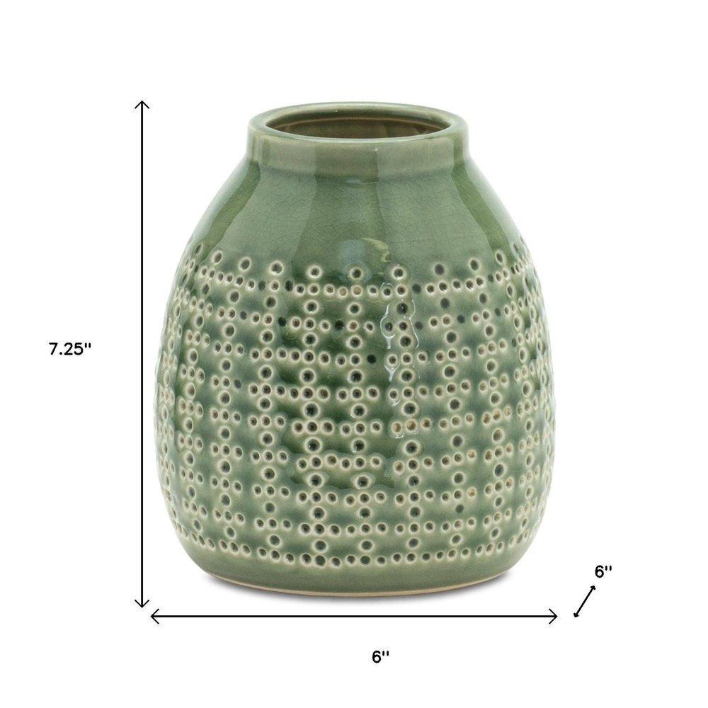 7" Green And White Clay Round Table Vase