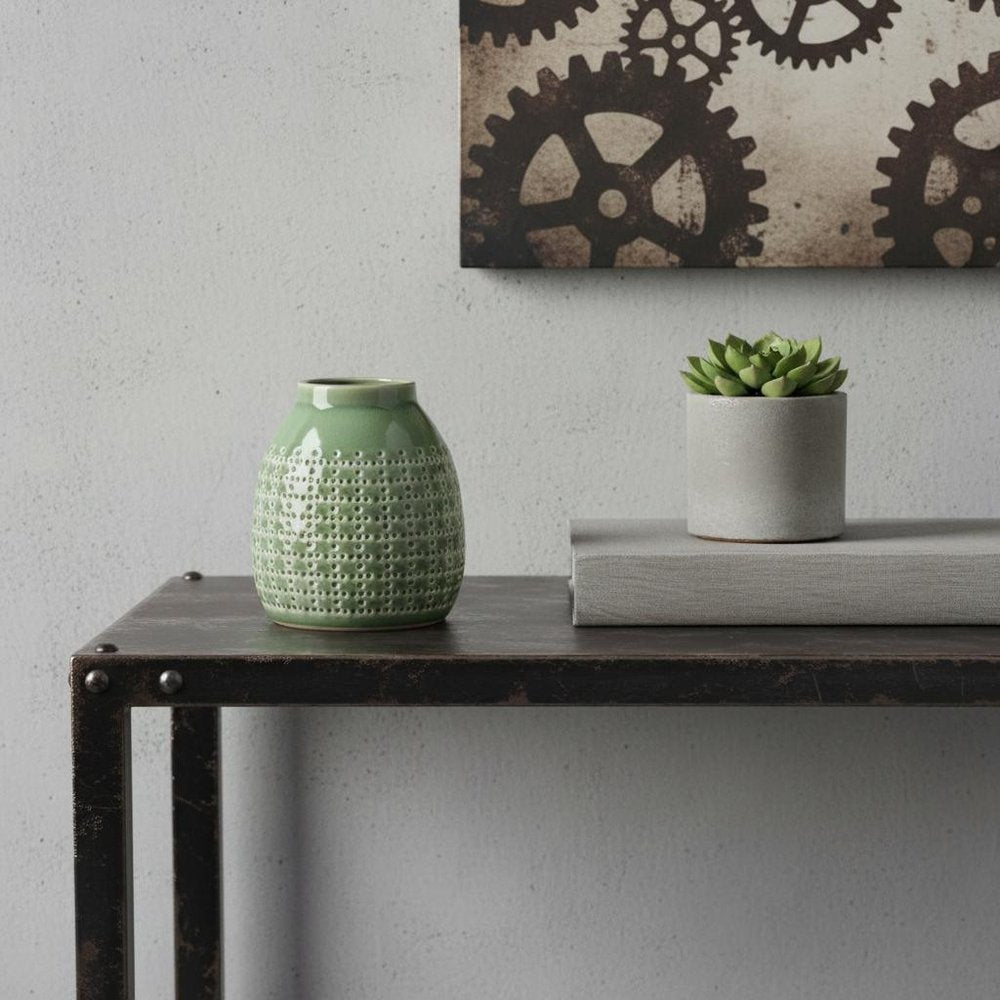 7" Green And White Clay Round Table Vase