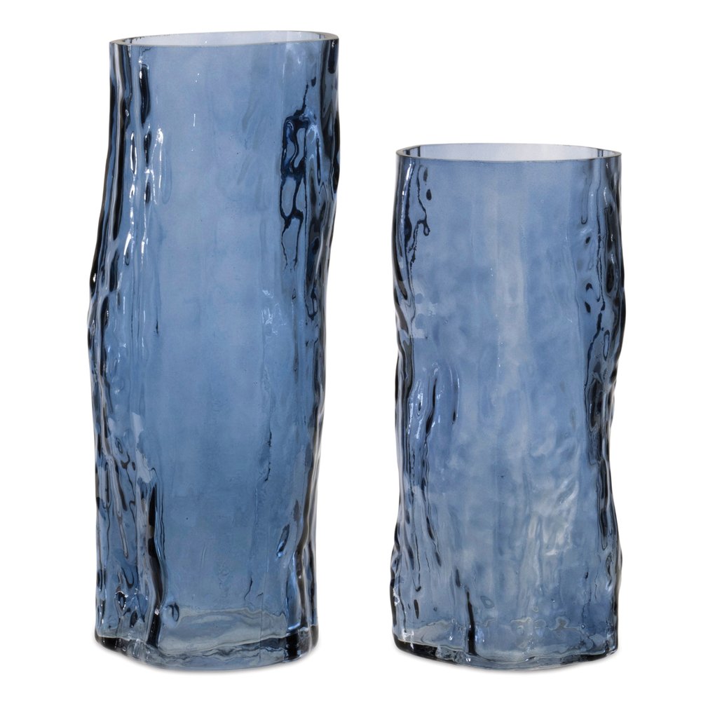 Set of Two Blue Glass Wavy Table Vases