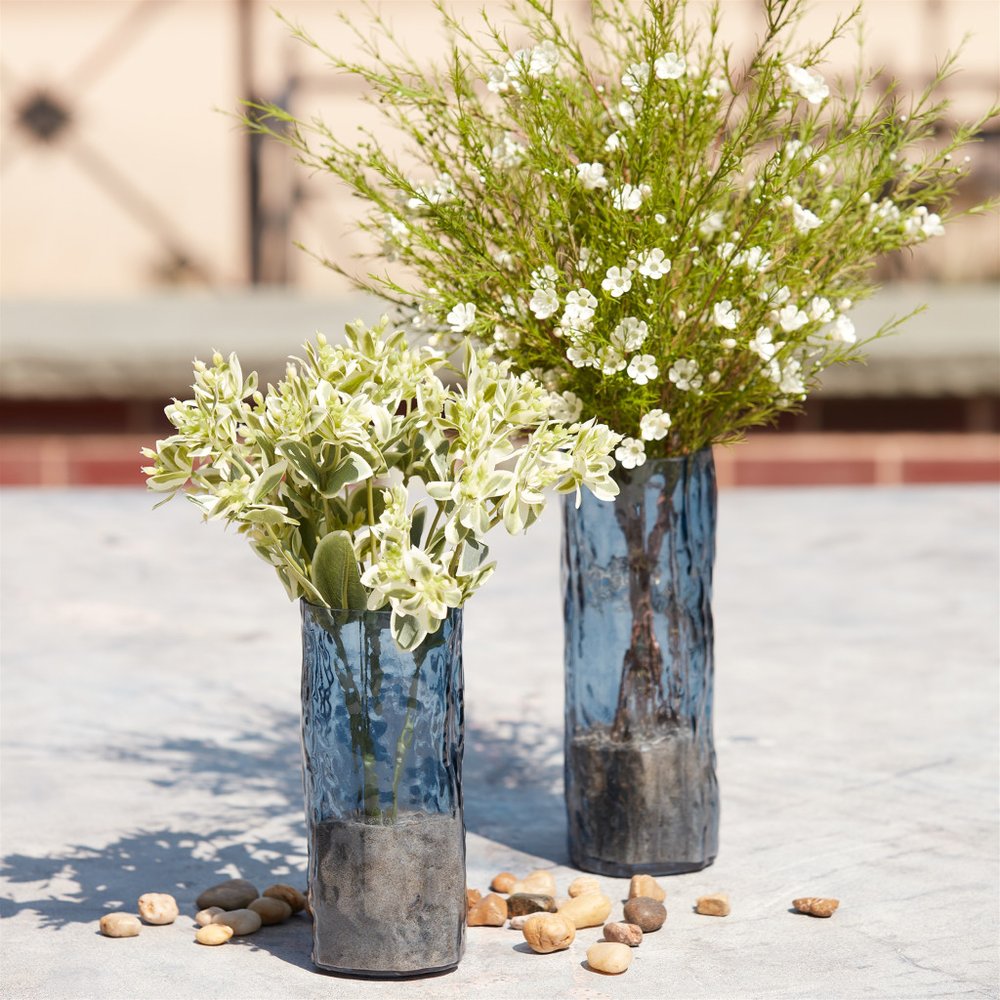 Set of Two Blue Glass Wavy Table Vases