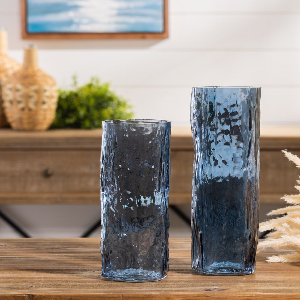 Set of Two Blue Glass Wavy Table Vases