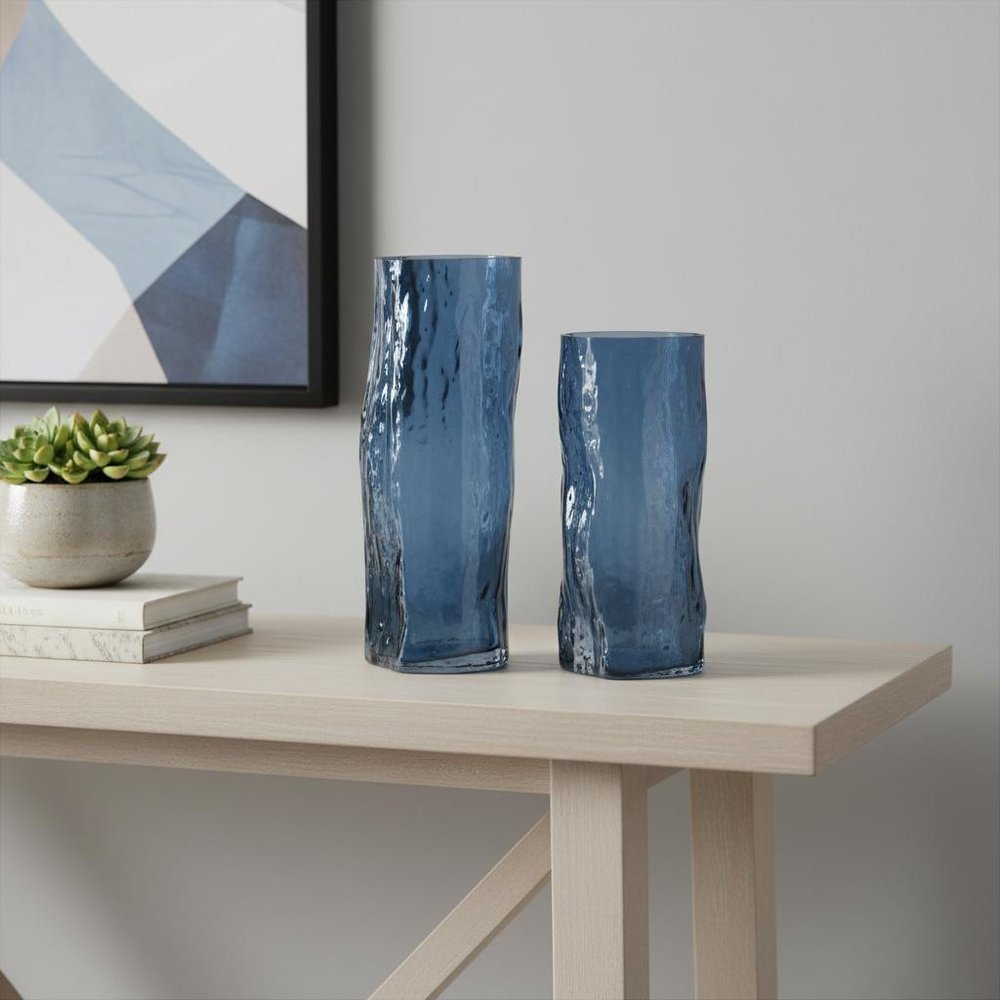 Set of Two Blue Glass Wavy Table Vases
