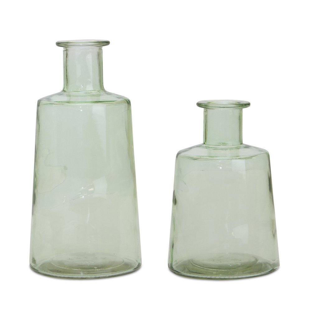 Set of Two Green Glass Round Table Vases
