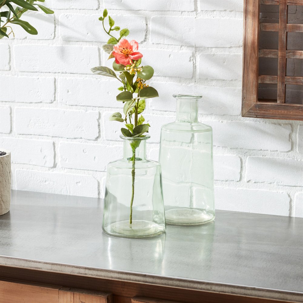 Set of Two Green Glass Round Table Vases