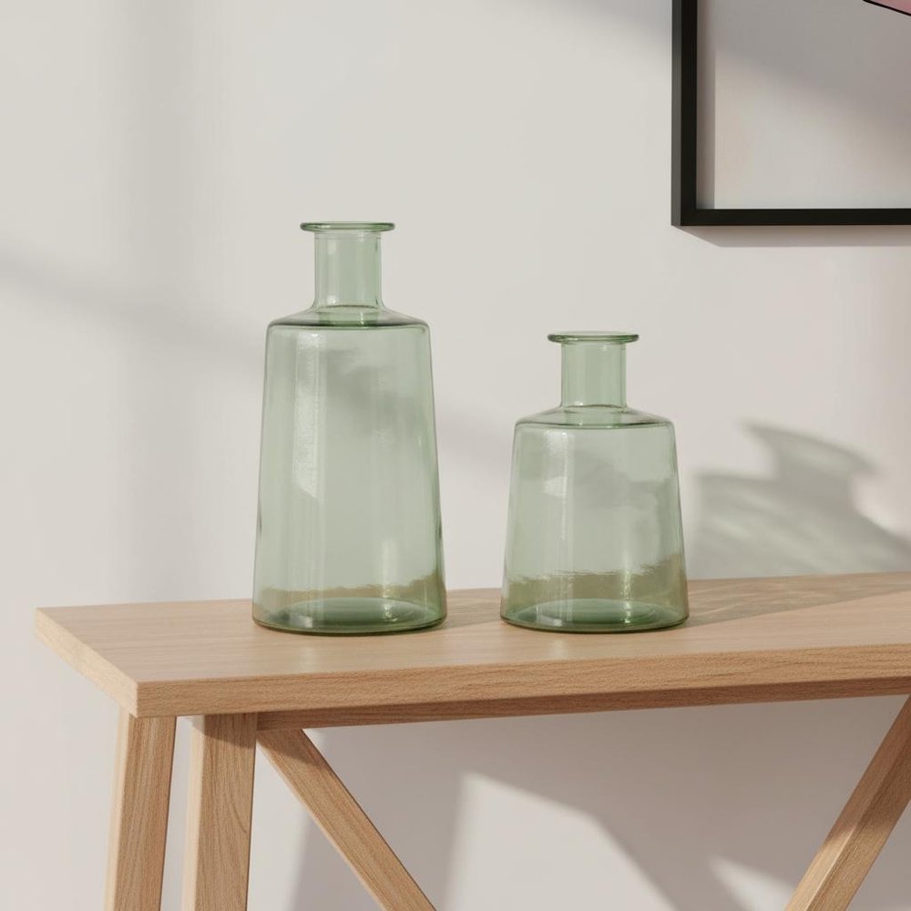 Set of Two Green Glass Round Table Vases