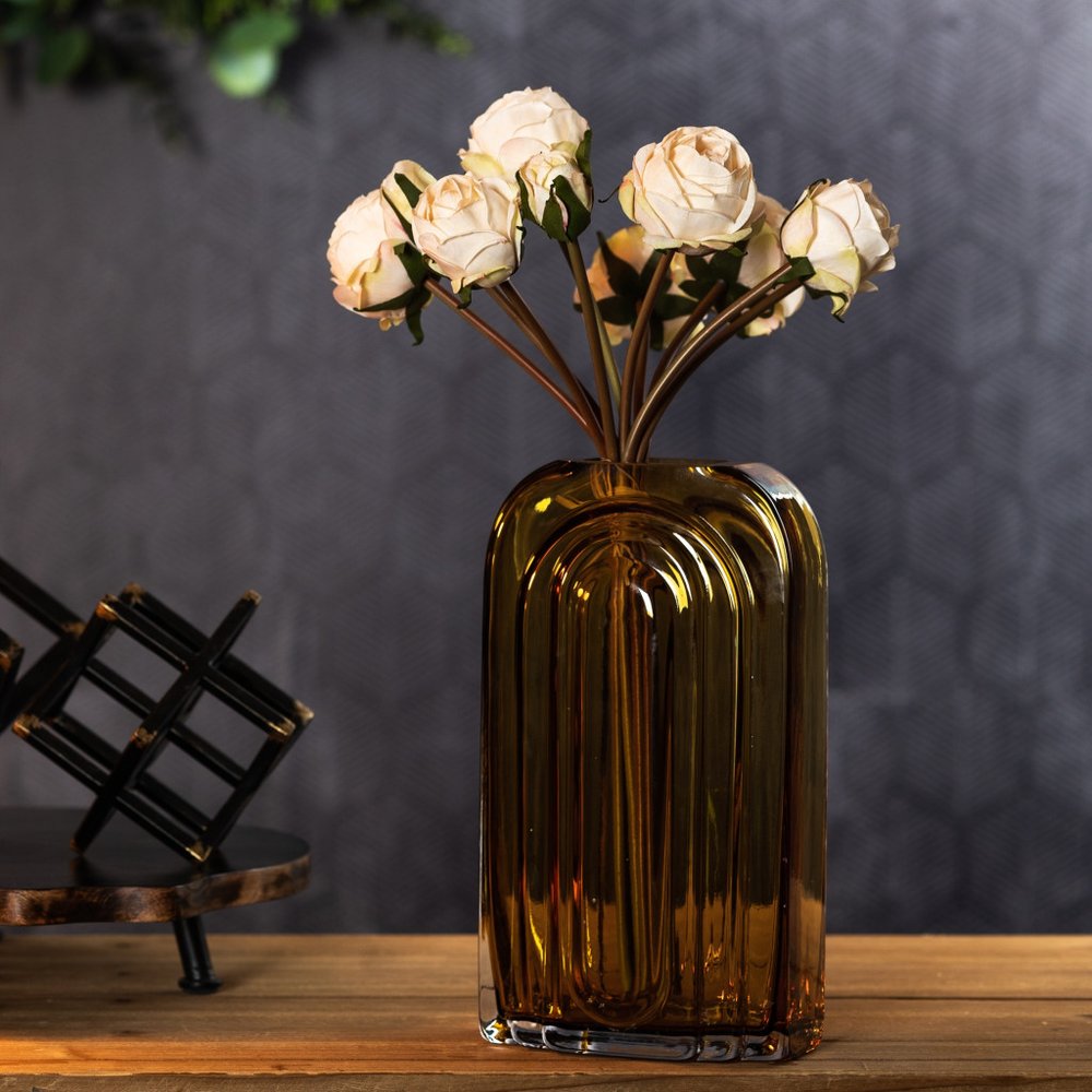 11" Brown And Sage Glass Round Table Vase With Woods