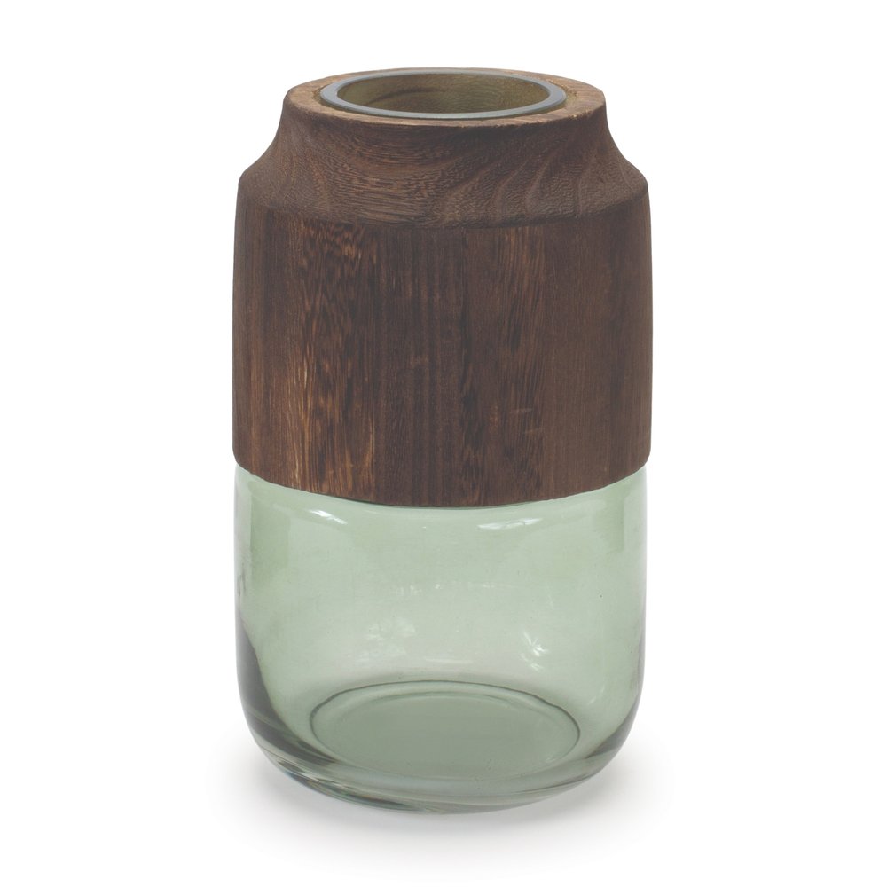 9" Brown And Sage Glass Round Table Vase With Woods