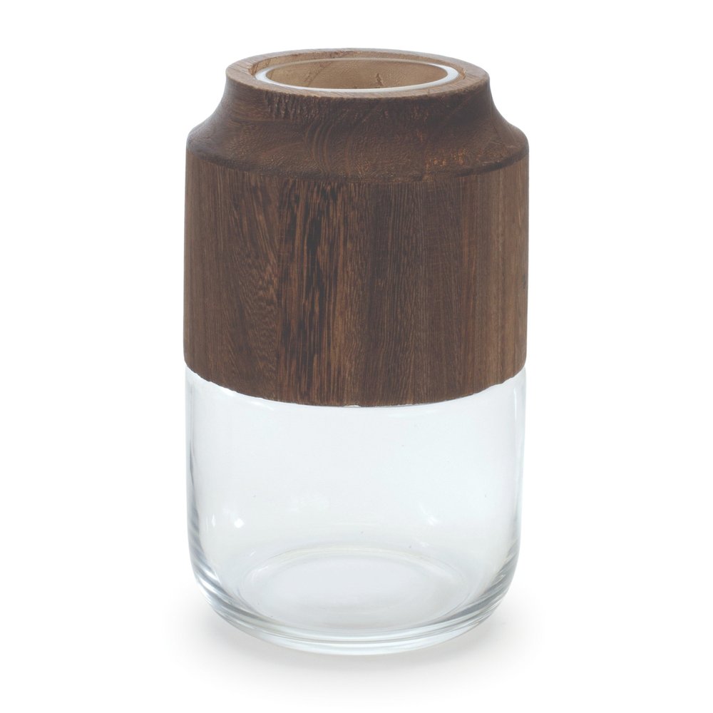 9" Brown And Clear Glass Round Table Vase With Woods