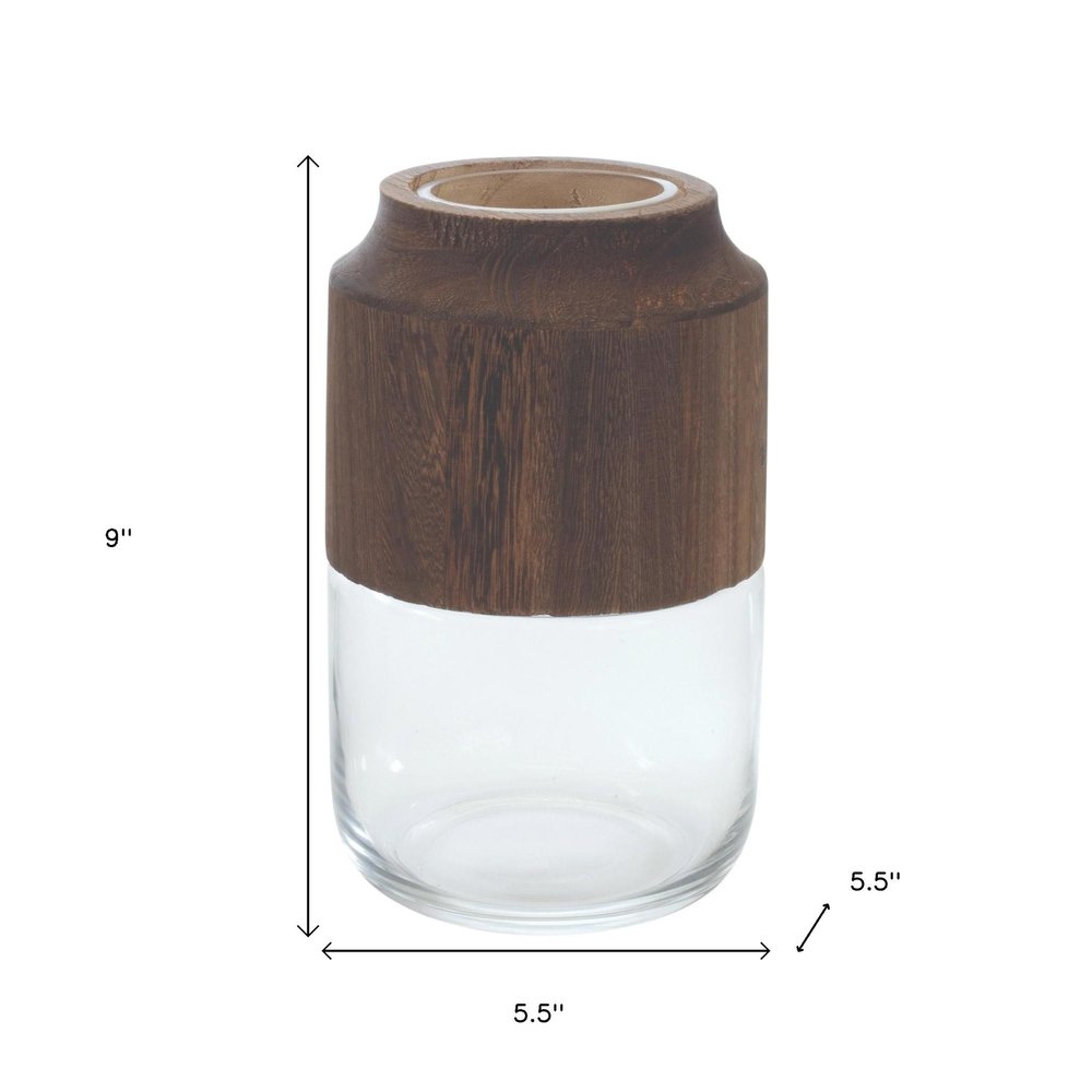 9" Brown And Clear Glass Round Table Vase With Woods
