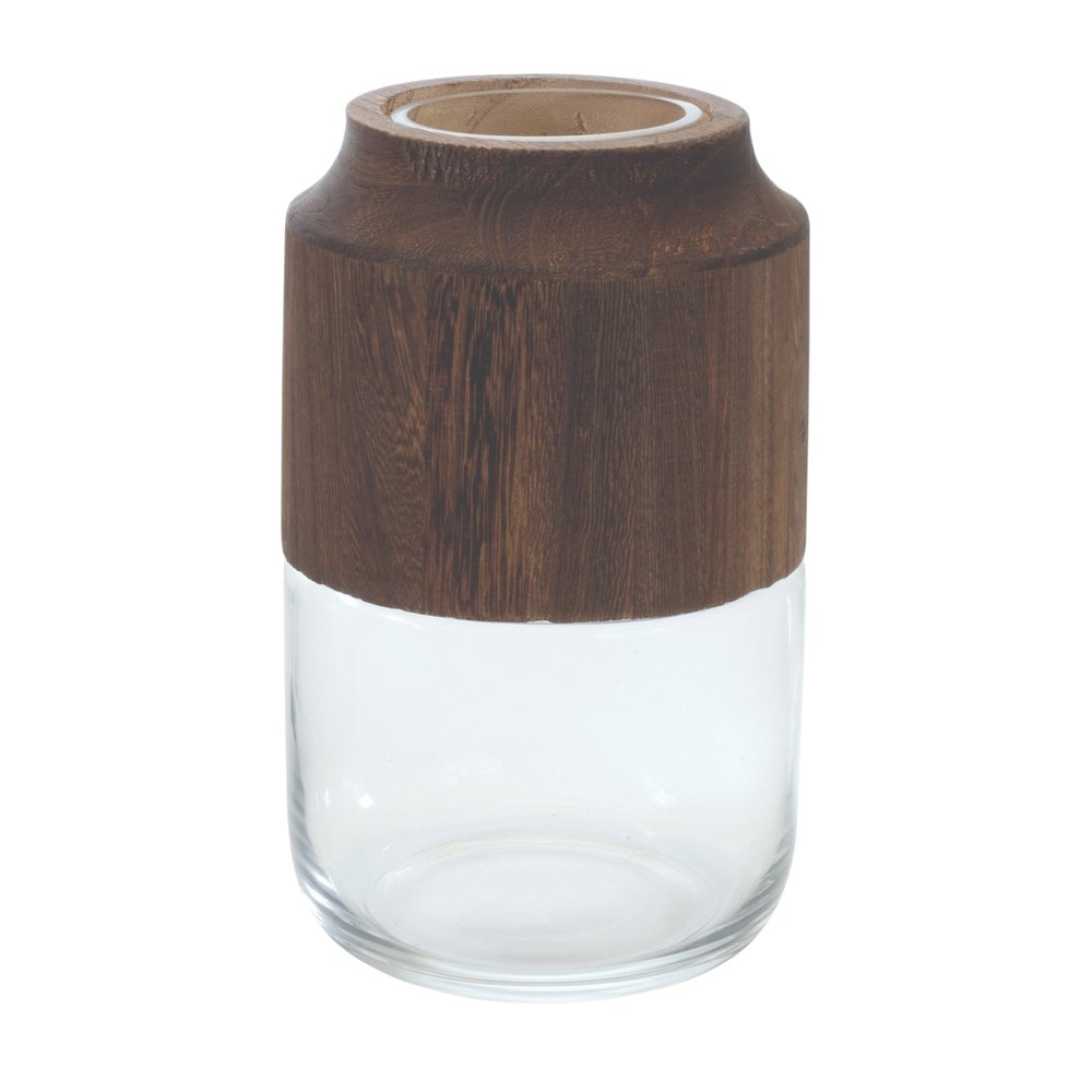 9" Brown And Clear Glass Round Table Vase With Woods