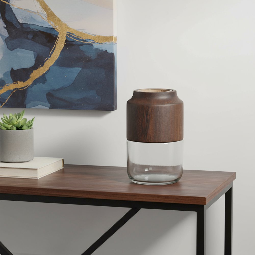 9" Brown And Clear Glass Round Table Vase With Woods