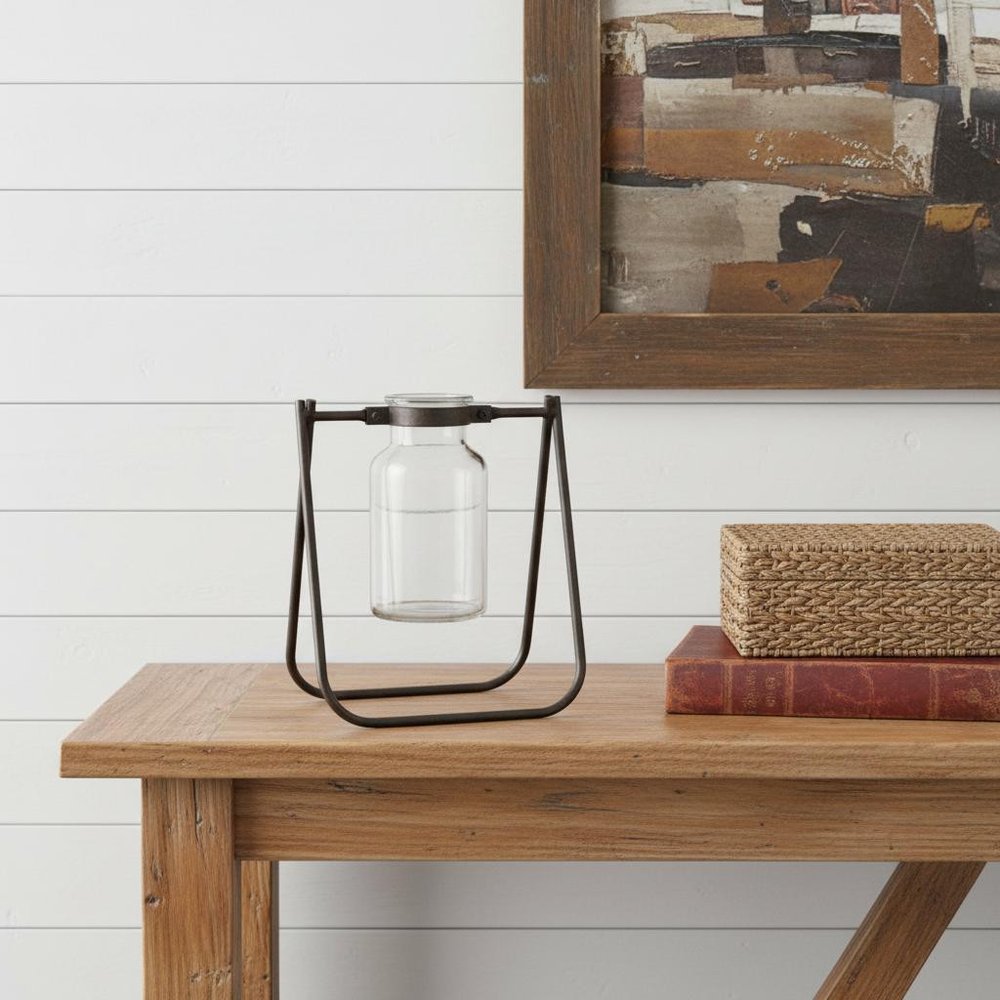 Set of Two Brown And Clear Metal Round Table Vases