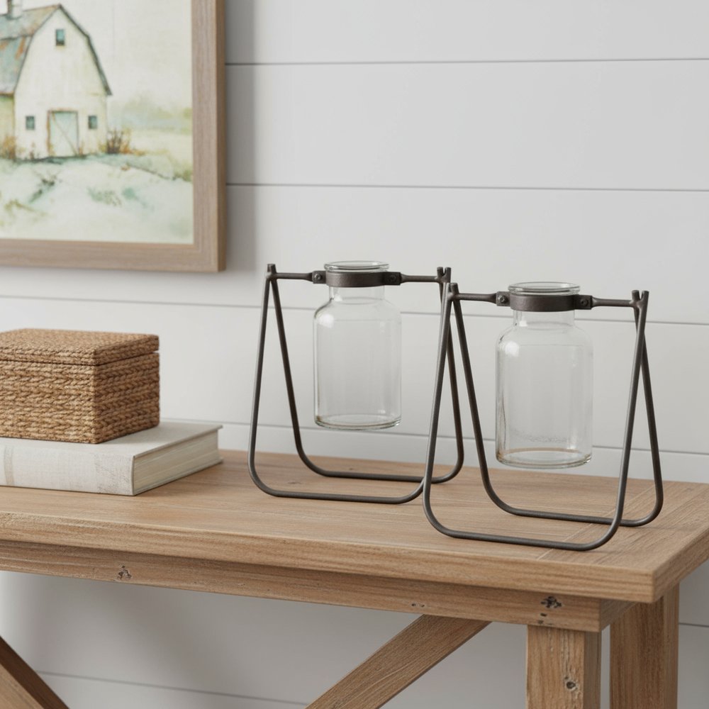 Set of Two Brown And Clear Metal Round Table Vases