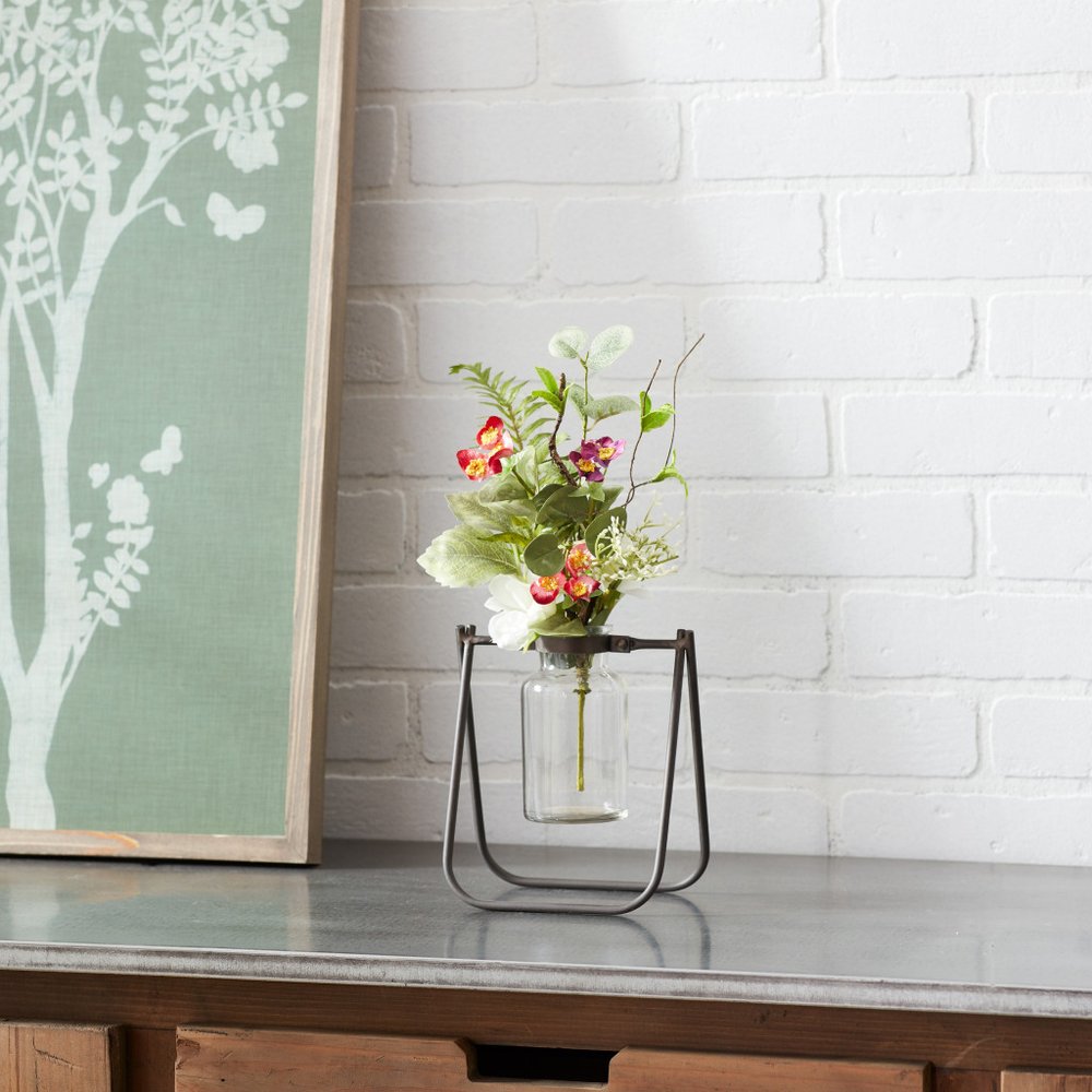 Set of Two Brown And Clear Metal Round Table Vases