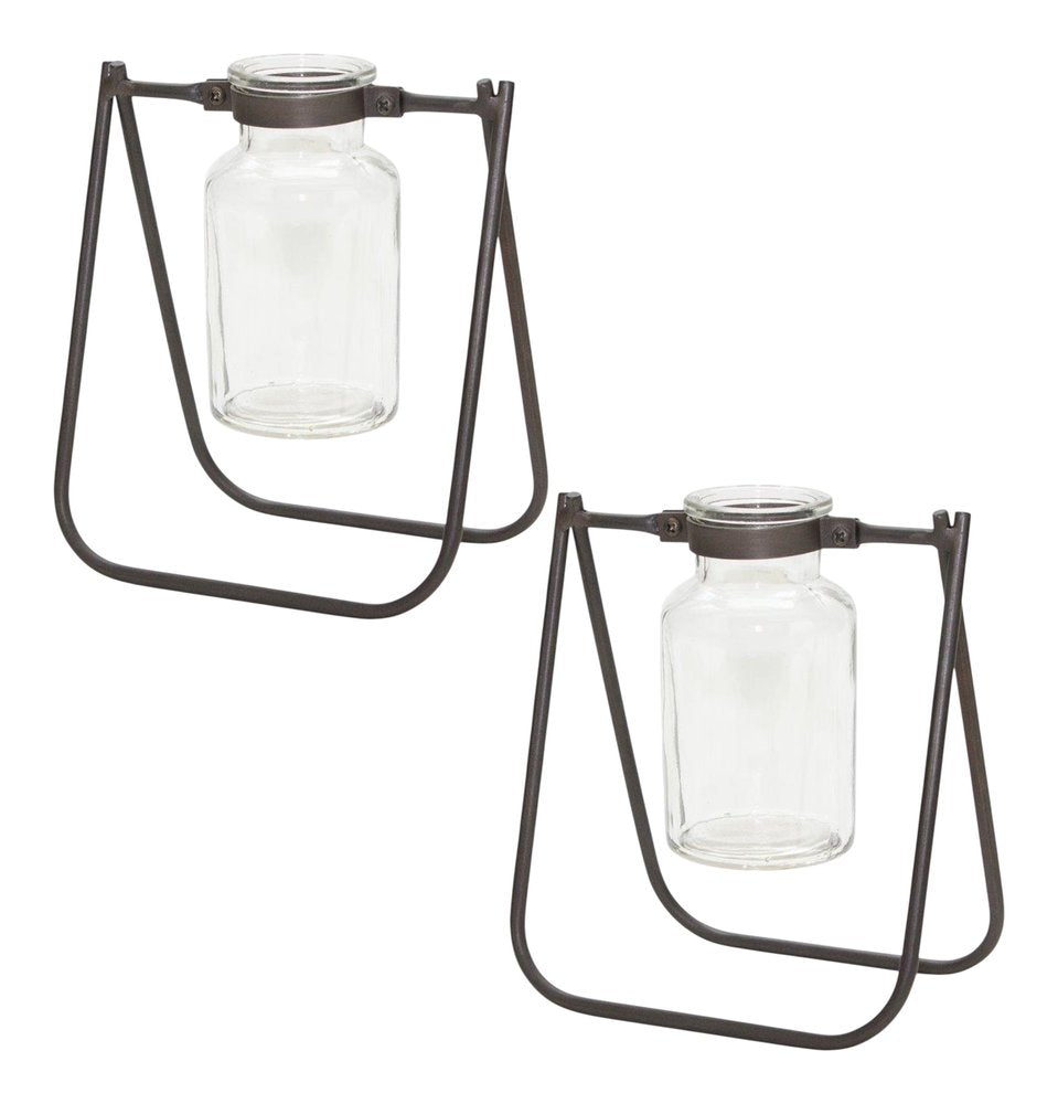 Set of Two Brown And Clear Metal Round Table Vases