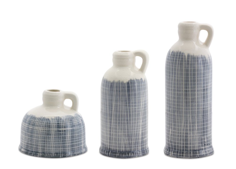 Set of Three Blue And White Checkered Clay Round Table Vases