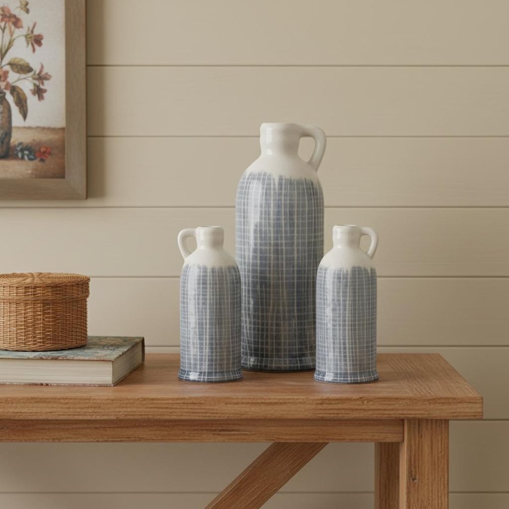 Set of Three Blue And White Checkered Clay Round Table Vases