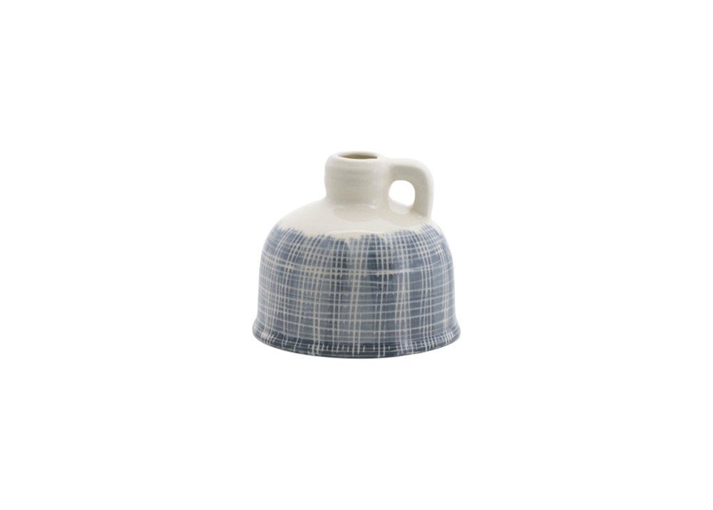 Set of Three Blue And White Checkered Clay Round Table Vases