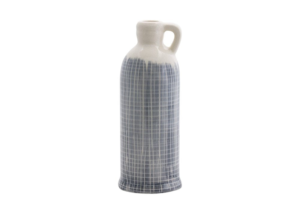 Set of Three Blue And White Checkered Clay Round Table Vases