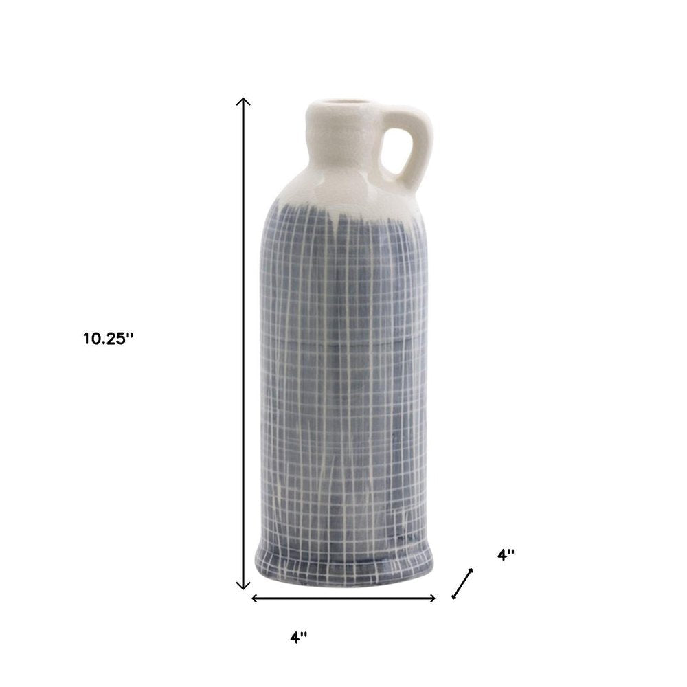 Set of Three Blue And White Checkered Clay Round Table Vases