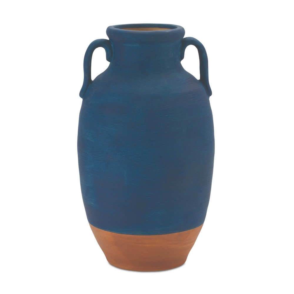 11" Blue And Terra Cotta Ceramic Round Urn