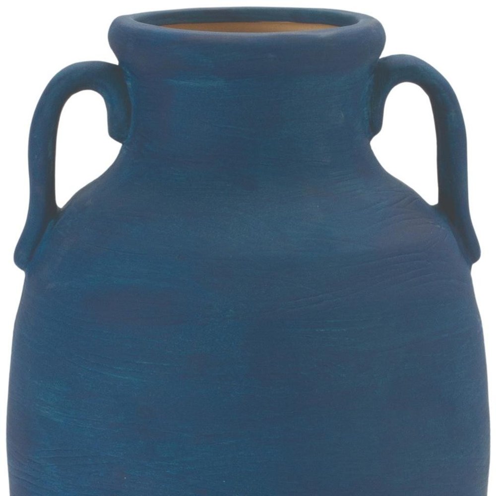 11" Blue And Terra Cotta Ceramic Round Urn