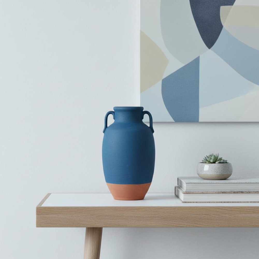 11" Blue And Terra Cotta Ceramic Round Urn