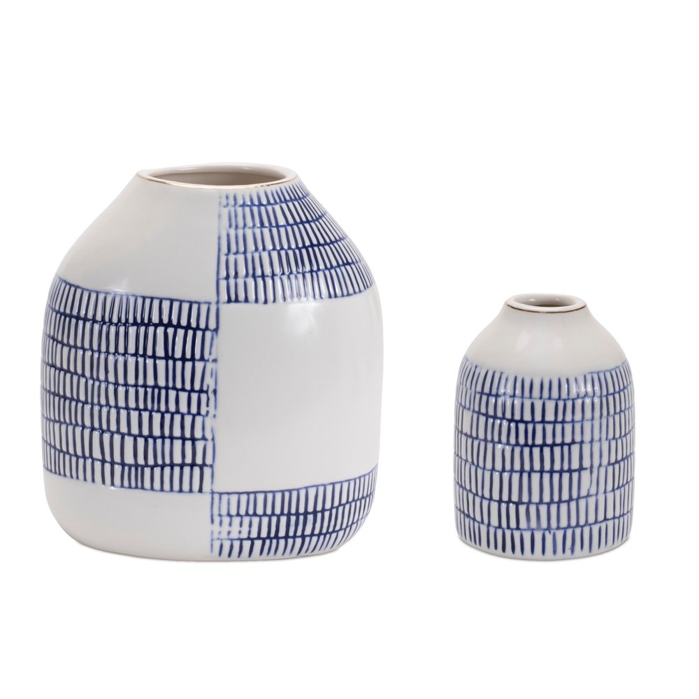 Set of Two White And Blue Checkered Ceramic Round Table Vases