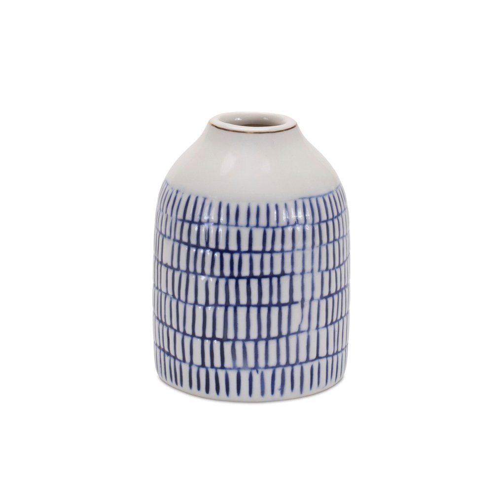 Set of Two White And Blue Checkered Ceramic Round Table Vases