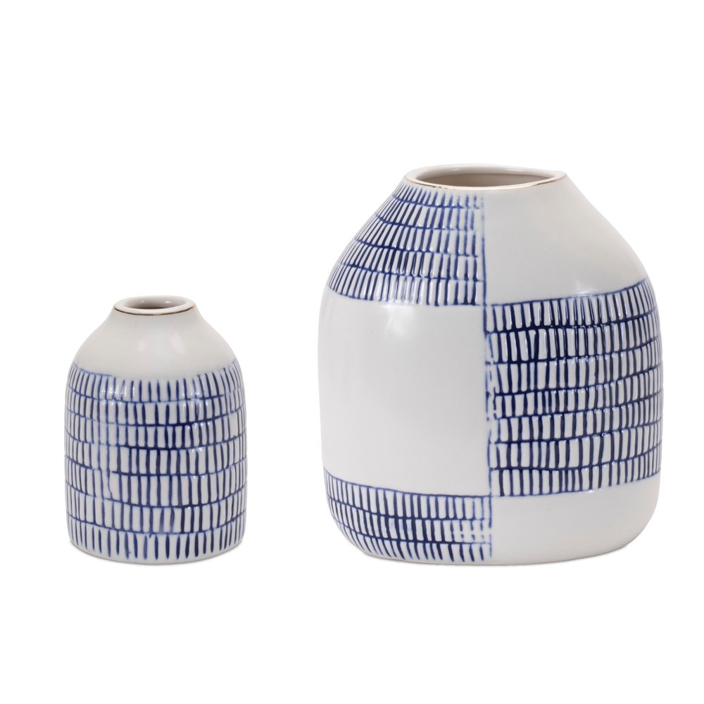 Set of Two White And Blue Checkered Ceramic Round Table Vases