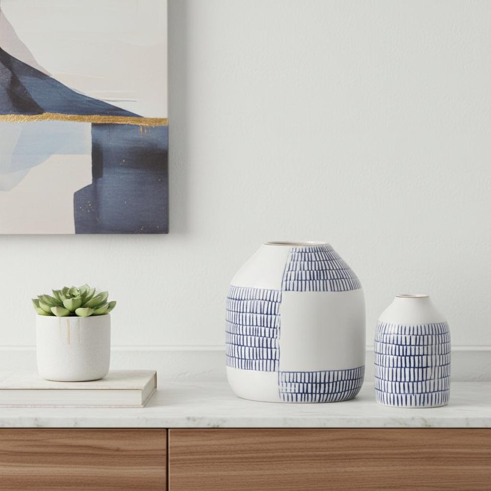 Set of Two White And Blue Checkered Ceramic Round Table Vases