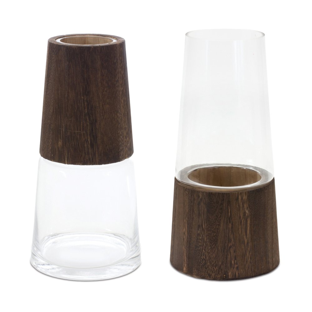 Set of Two Brown And Clear Glass Round Table Vases With Woods