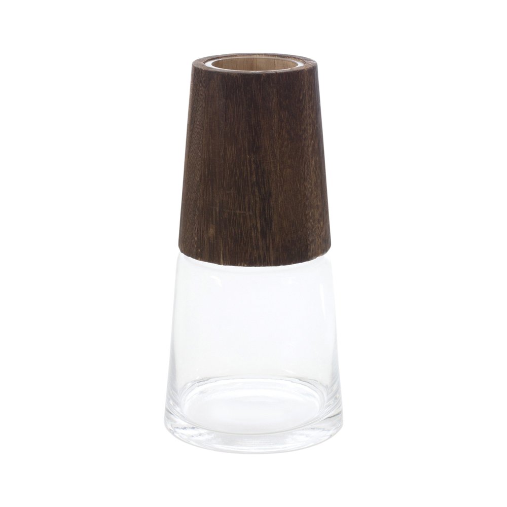 Set of Two Brown And Clear Glass Round Table Vases With Woods
